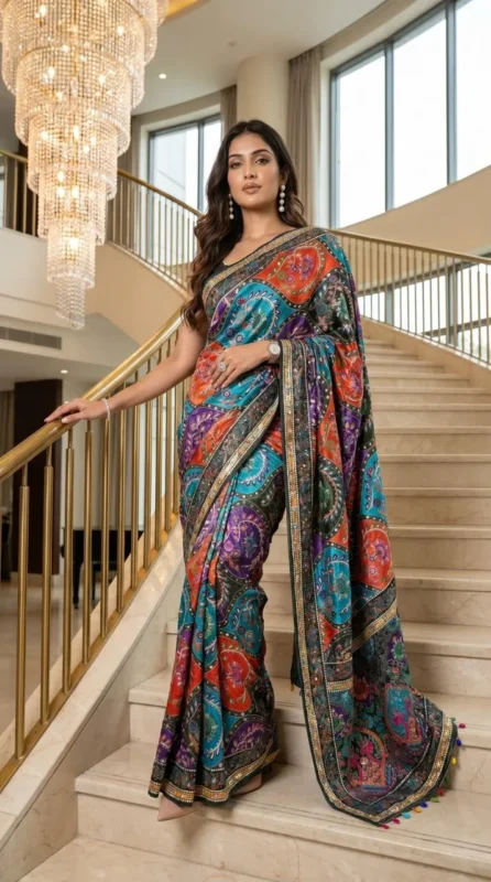 Beautiful WMS Creap Silk Printed Mirror Work Durgapuja Saree Manufacturer in Surat 2026
