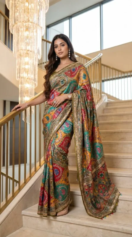 Beautiful WMS Creap Silk Printed Mirror Work Durgapuja Saree Manufacturer in Surat 2026