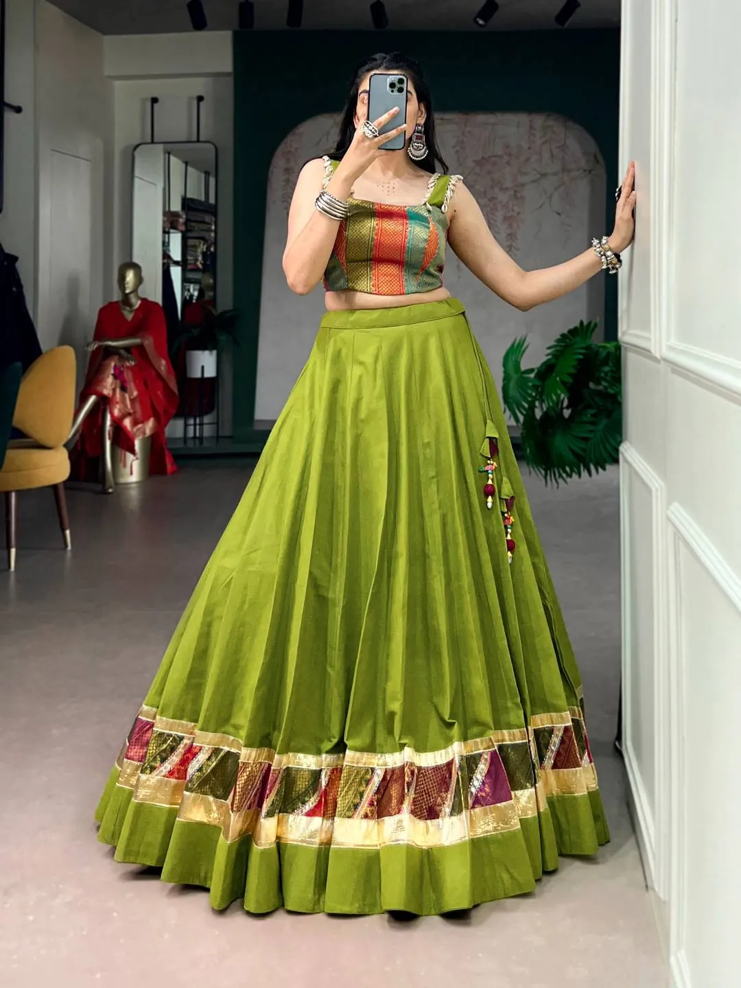 WMN 1755 Cotton Green Zari Weaving Work Trending Navratri Top Lehenga