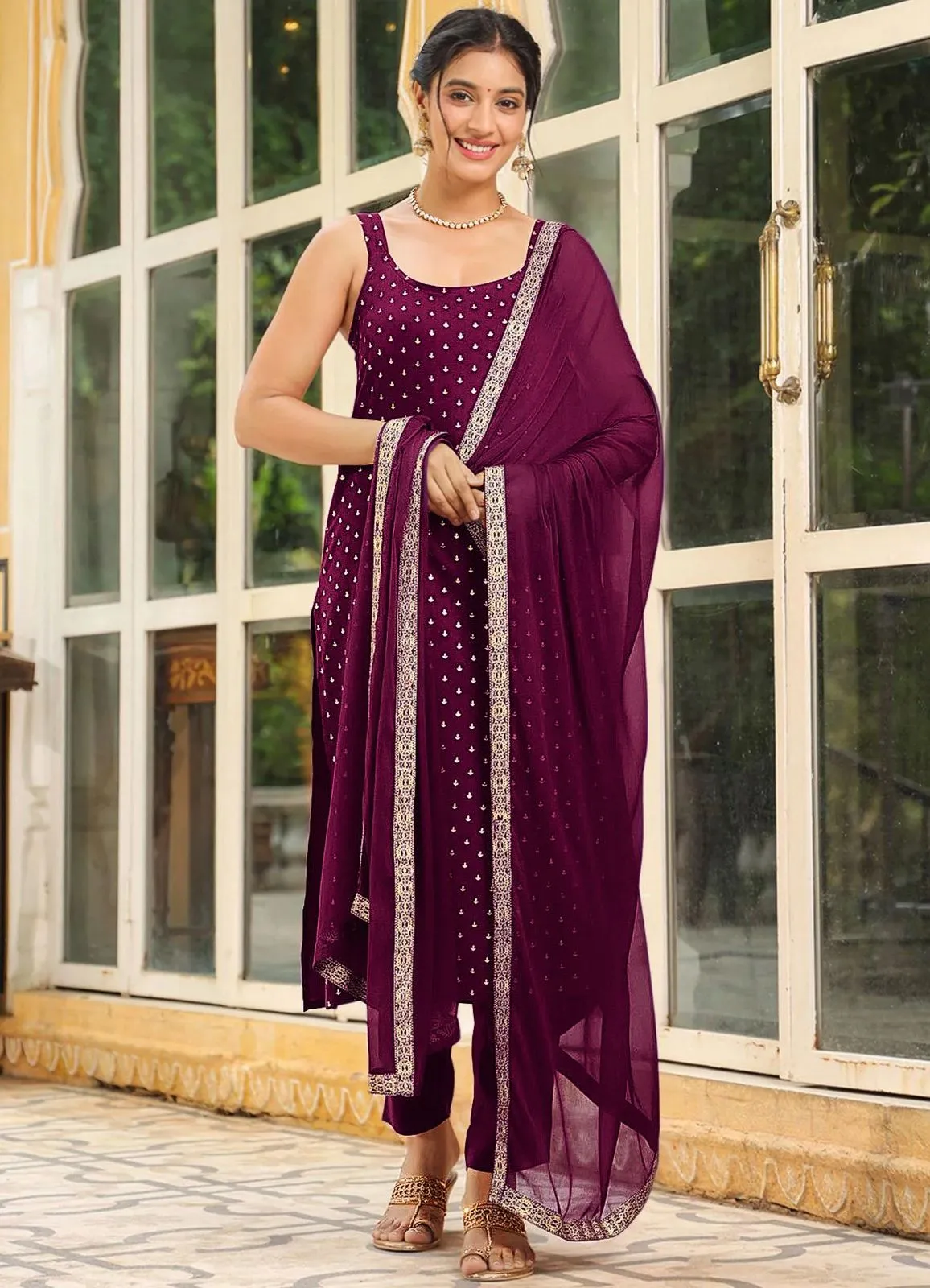Beauty 1041 Reyon Foil Work Festival Kurti Pant Dupatta Set