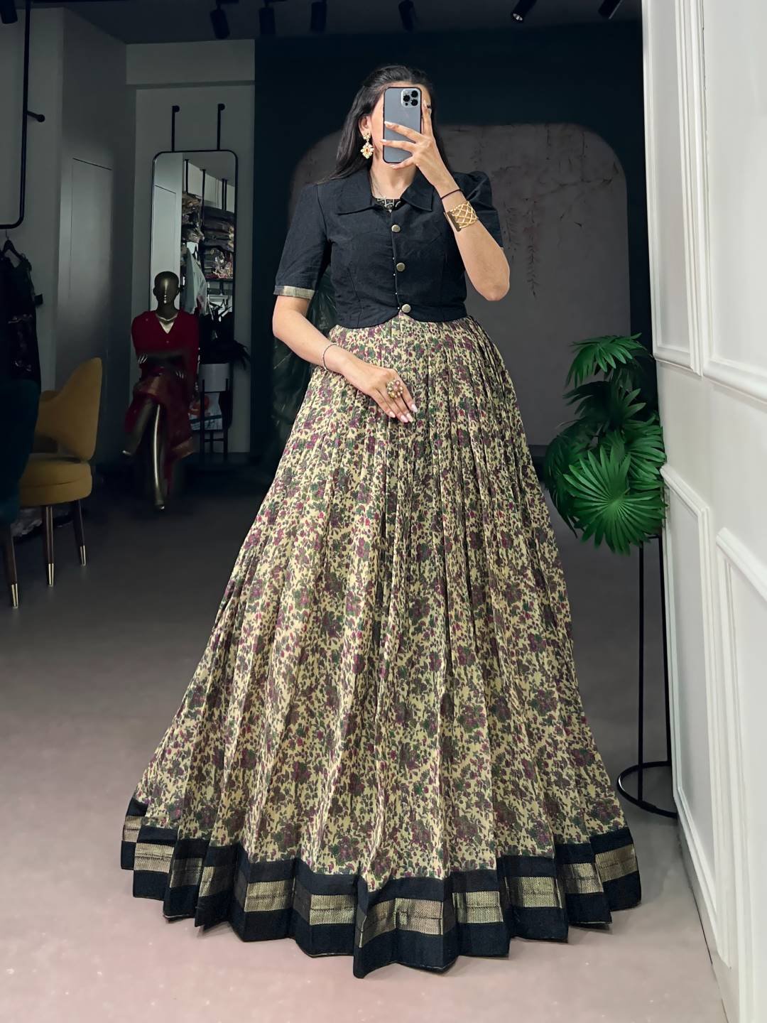 WMN 5011 Viscose Chanderi Zari Printed Top lehenga Skirt Supplier in Surat
