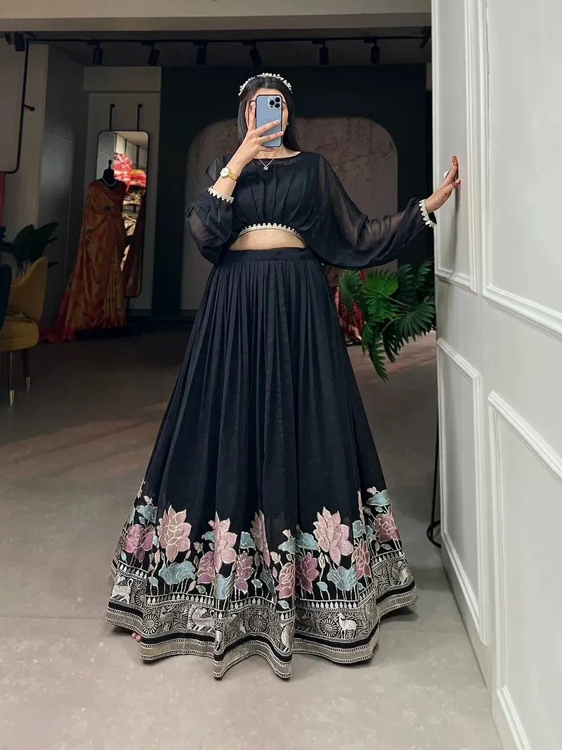 WMN 1117 Georgette Black Embroidery Work Party Wear Co Ord Set Collection