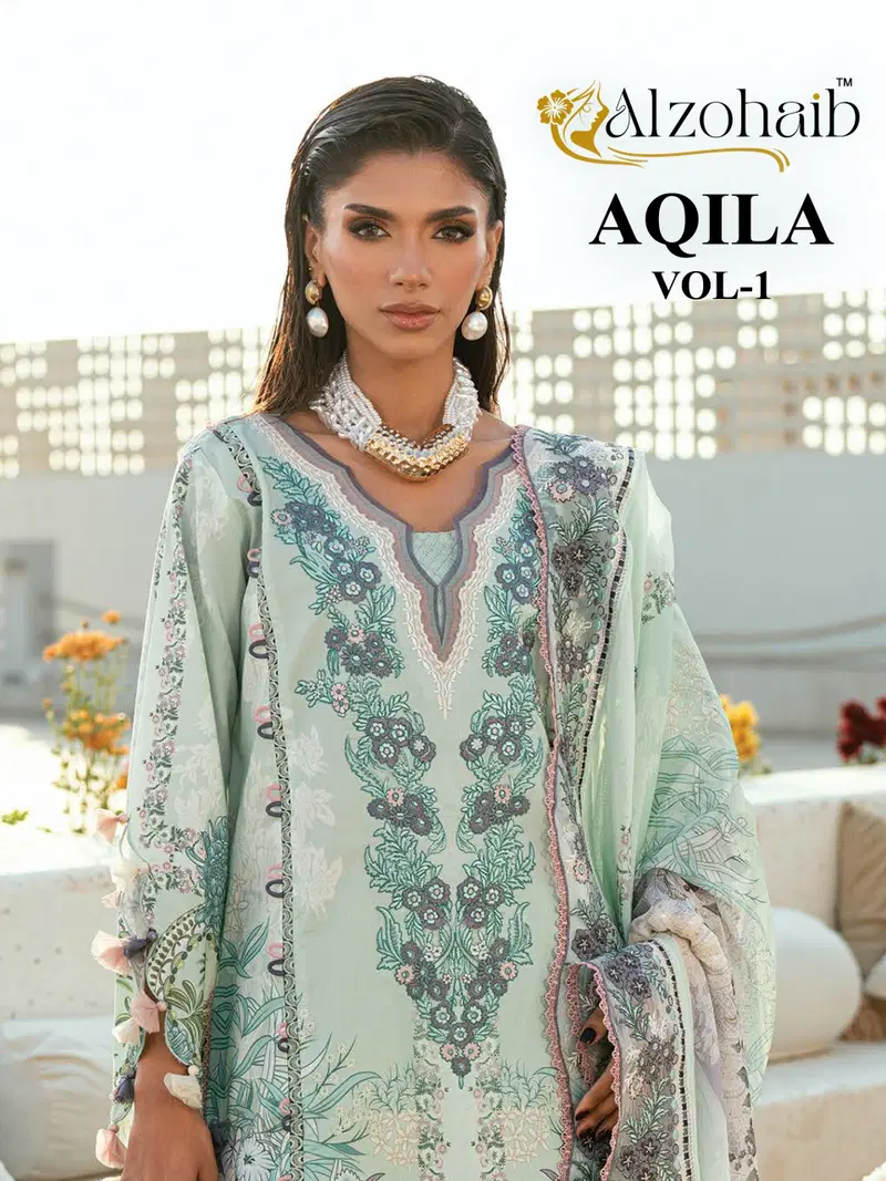 Alzohaib Aqila Vol 1 Chiffon Dupatta Cotton Embroidered Salwar Kameez Wholesale