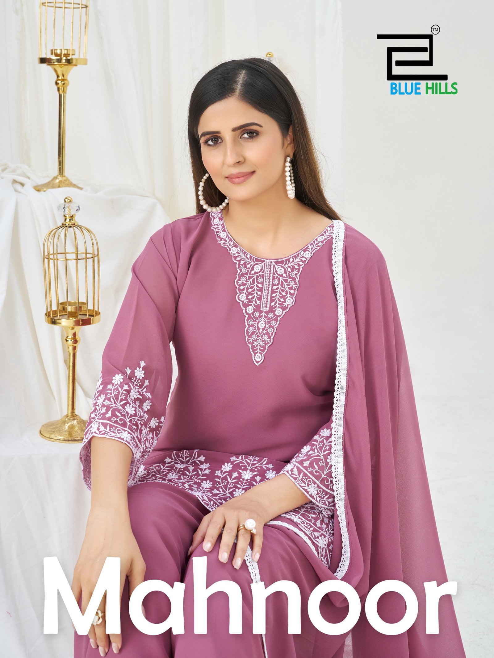 Blue Hills Mahnoor Georgette Thread Worked Kurti With Bottom Dupatta Wholesale