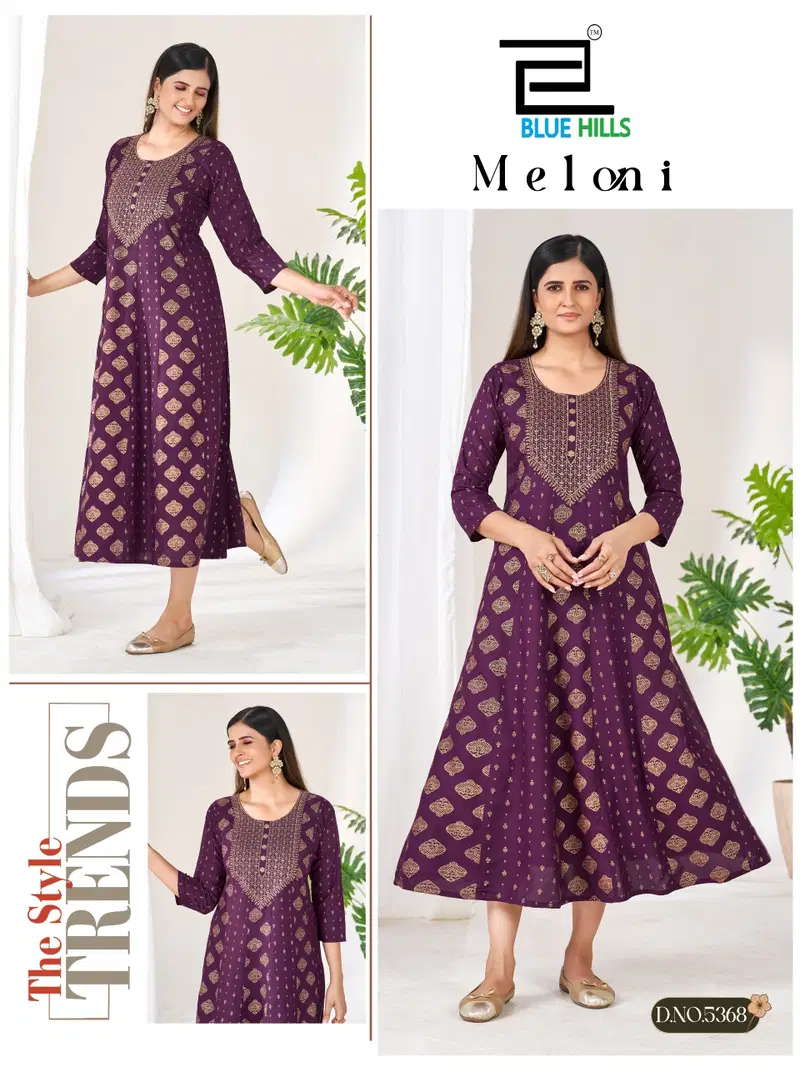Latest Blue Hills Meloni Rayon Foil Preinted Long Anarakli Kurti Wholesale 2026