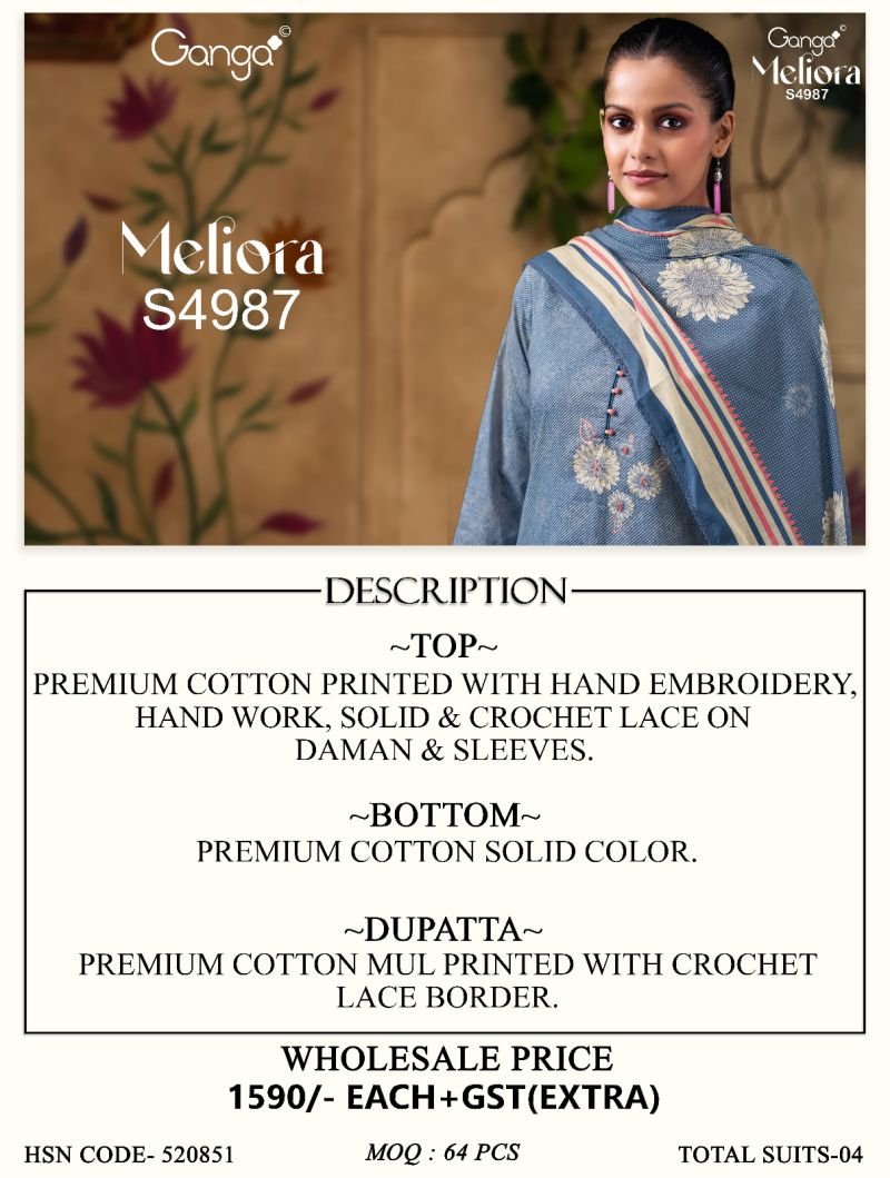Stylish Ganga Meliora 4987 Cotton Embroidered Salwar Kameez Wholesale 2026