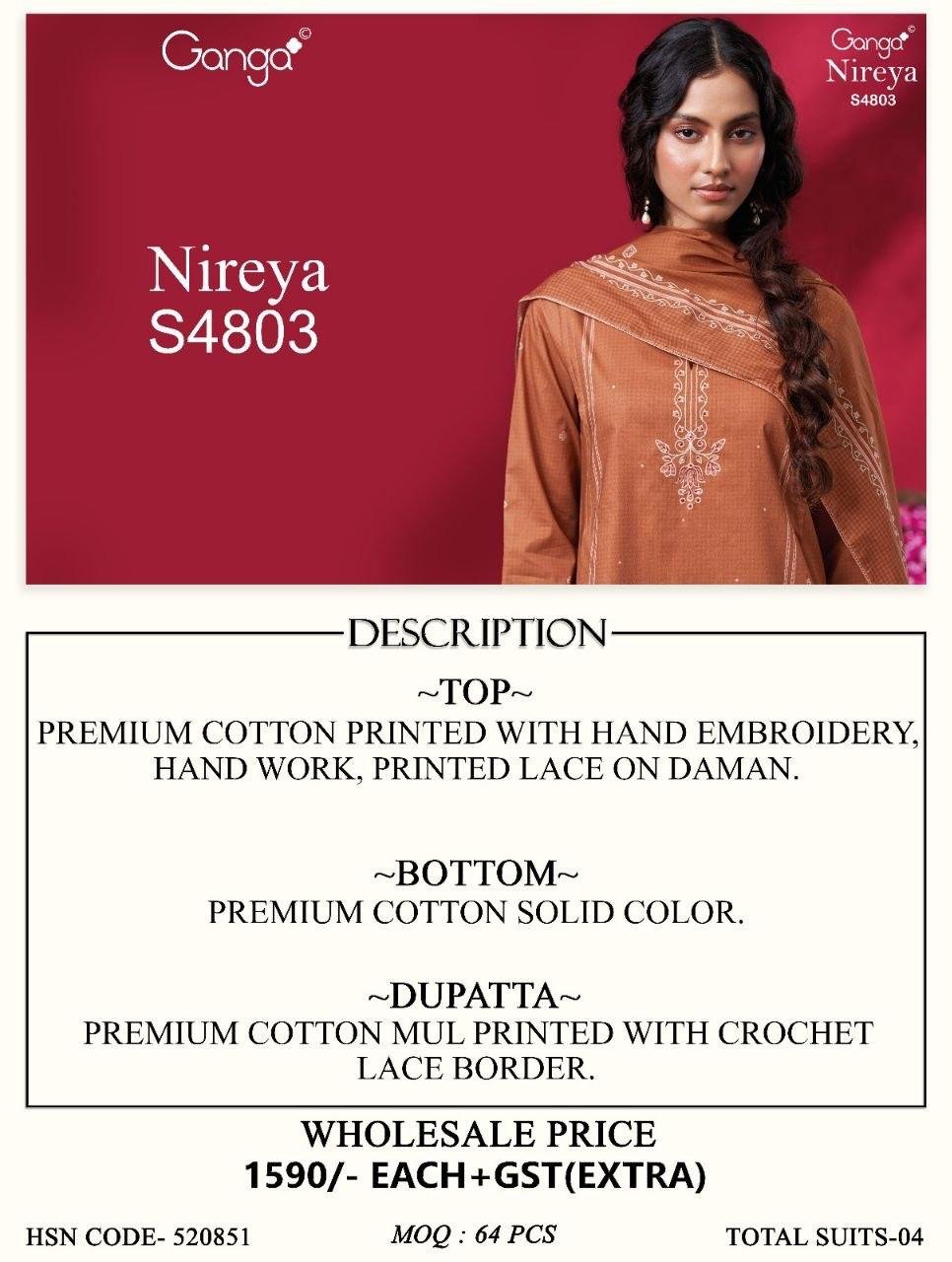 Ganga Nireya 4803 Cotton Printed Embroiderd Salwar Kameez Wholesale