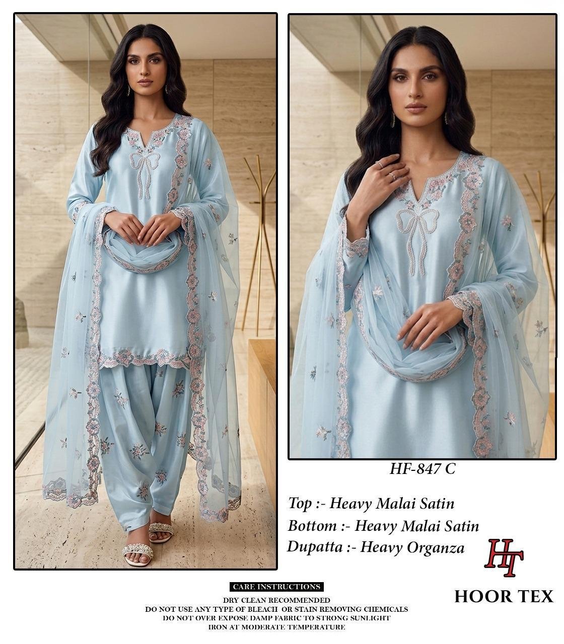 Latest Hoor Tex 847 A To D Malai Satin Embroidered Salwar Kameez Collection Wholesale 2026
