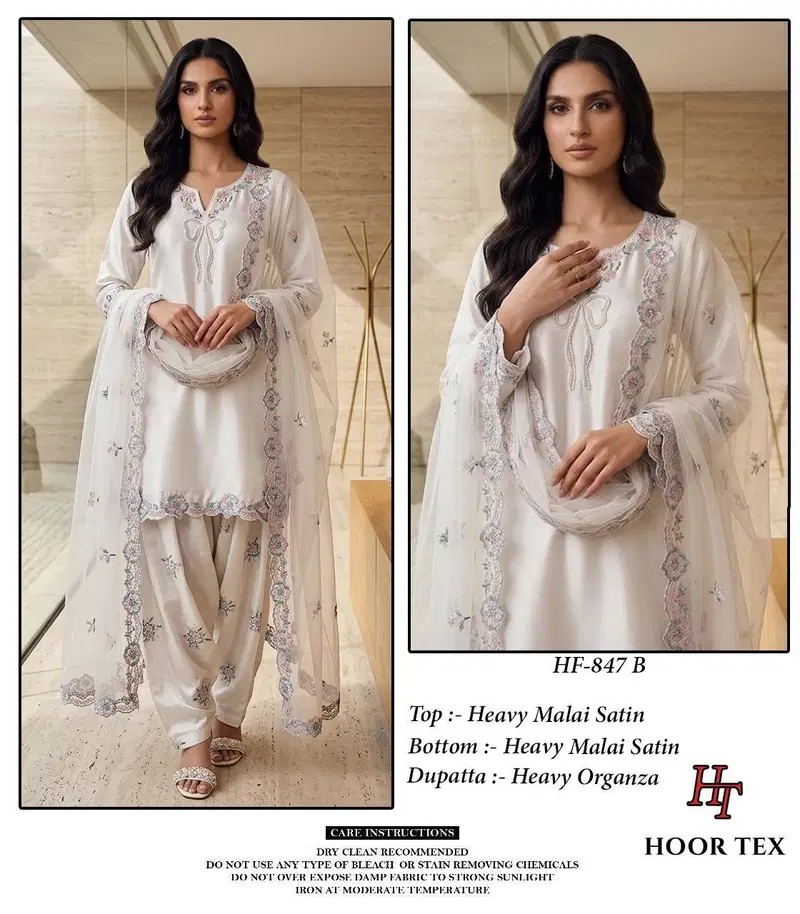 Latest Hoor Tex 847 A To D Malai Satin Embroidered Salwar Kameez Collection Wholesale 2026