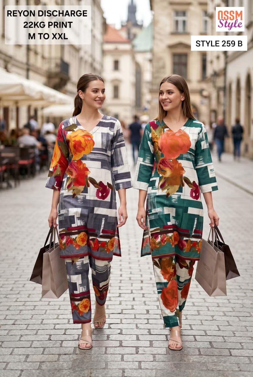 Stylish Ossm Style 259 A TO C Rayon Discharge Printed Kurti With Bottom Wholesale 2026