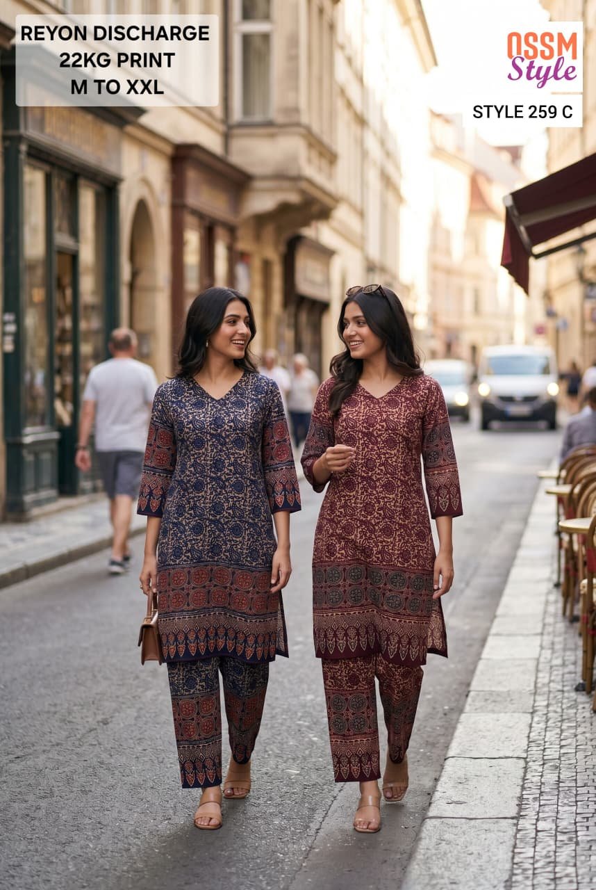 Stylish Ossm Style 259 A TO C Rayon Discharge Printed Kurti With Bottom Wholesale 2026