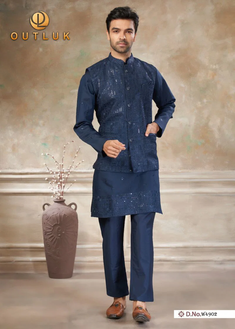 Outluk Wedding 49 Viscos Embroidery Worked Kurta With Koti Pajama Collection Wholesale