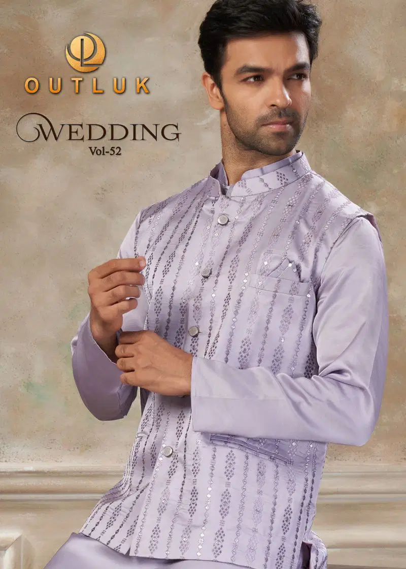 Outluk Wedding 52 Satin Silk Embroidered Kurta With Koti Pajama Collection Wholesale