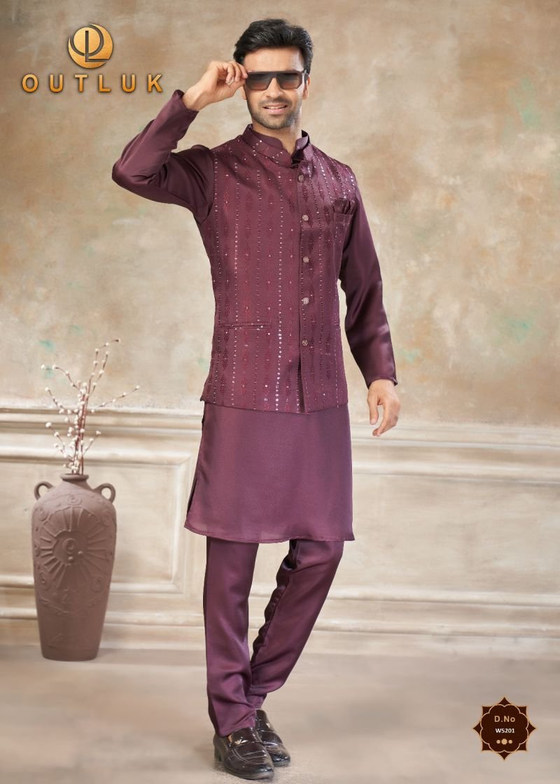 Stylish Outluk Wedding 52 Satin Silk Embroidered Kurta With Koti Pajama Collection Wholesale 2026