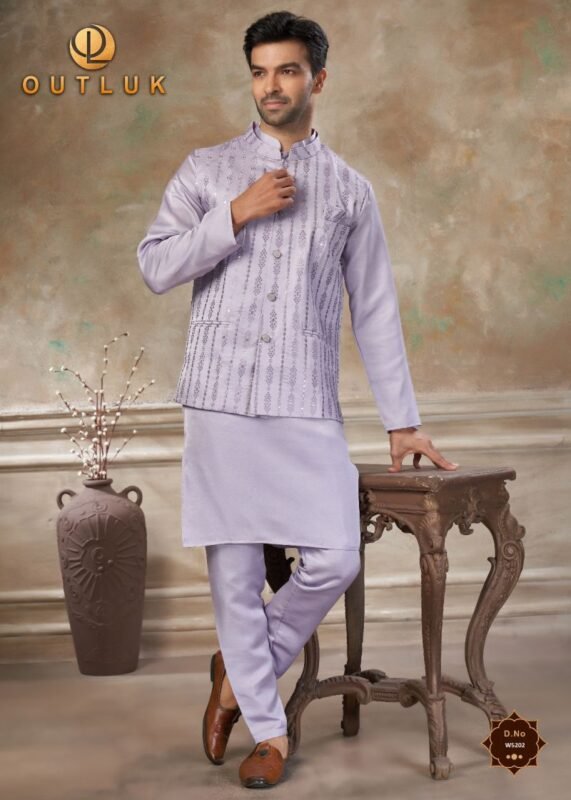 Stylish Outluk Wedding 52 Satin Silk Embroidered Kurta With Koti Pajama Collection Wholesale 2026