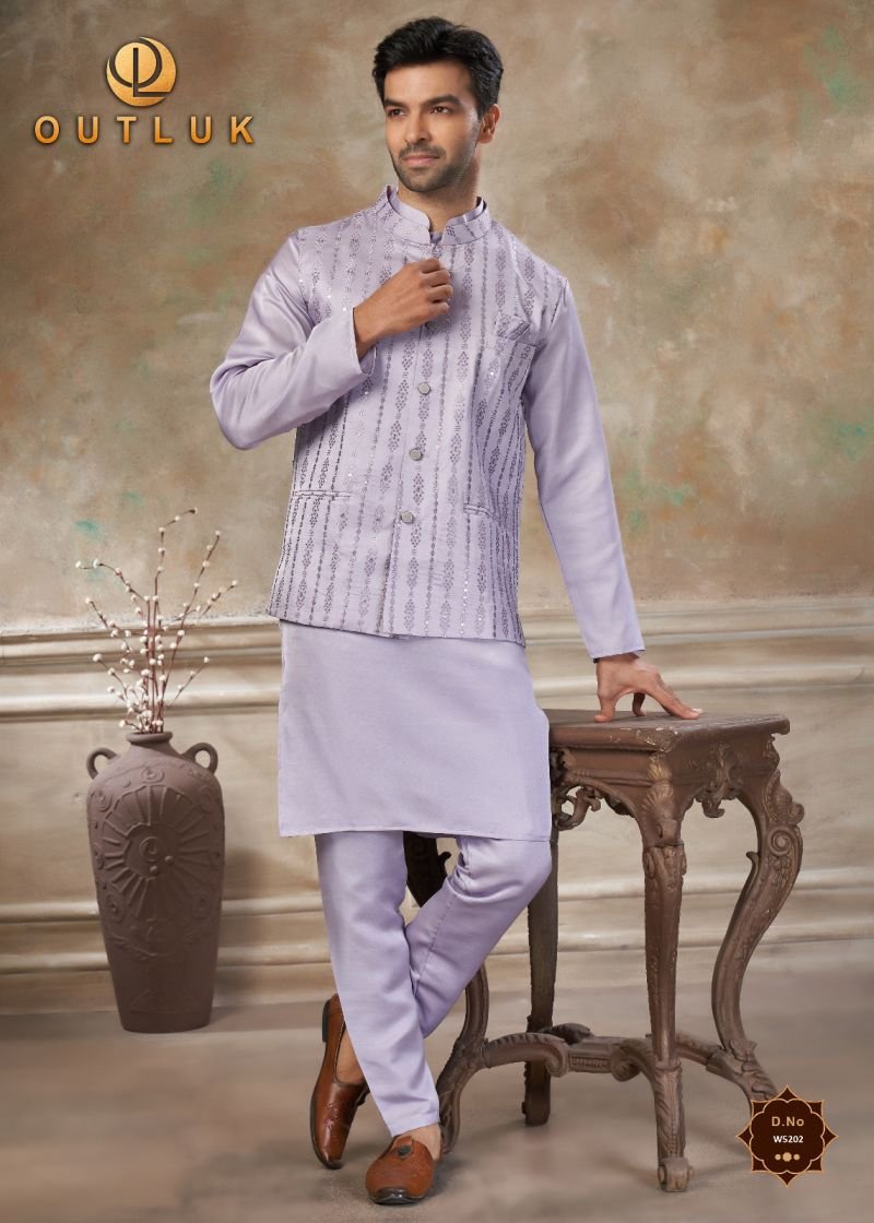 Stylish Outluk Wedding 52 Satin Silk Embroidered Kurta With Koti Pajama Collection Wholesale 2026