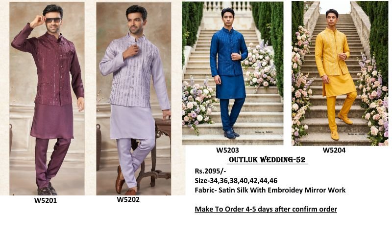 Stylish Outluk Wedding 52 Satin Silk Embroidered Kurta With Koti Pajama Collection Wholesale 2026