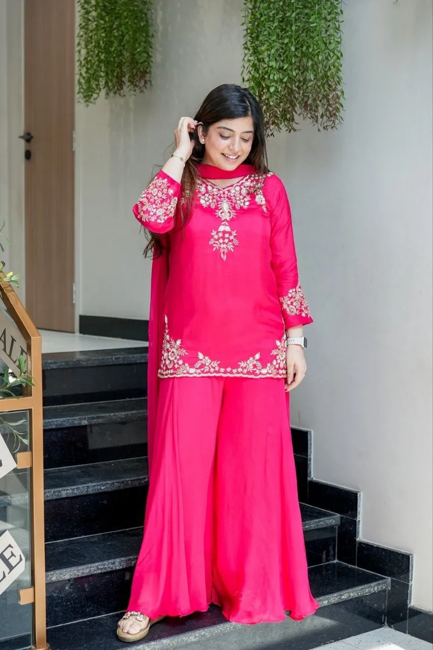 Zarin 66 Natural Crepe Embroidery Party Wear Kurti Palazzo Set