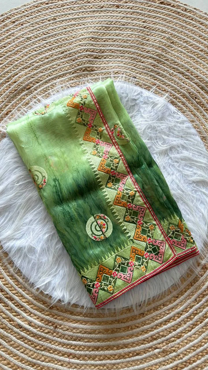 MHV Rashmita Organza Silk Printed Embroidery Thread Work Saree
