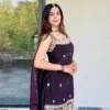 Stylish FFD Fandy Embroidery Work Wine Readymade Palazzo Suit 2026