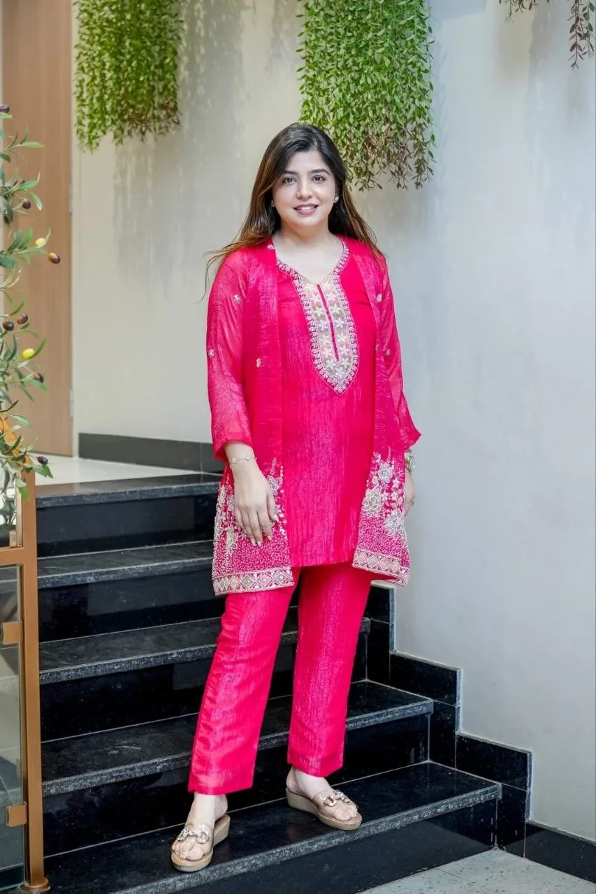 Zarin Vadana Chinon Embroidery Work Kurti Pant Koti Set
