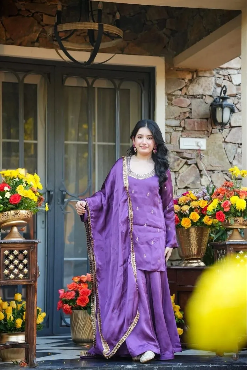 Zarin Avira Crepe Silk Embroidery Work Party Wear Sharara Suit Collection