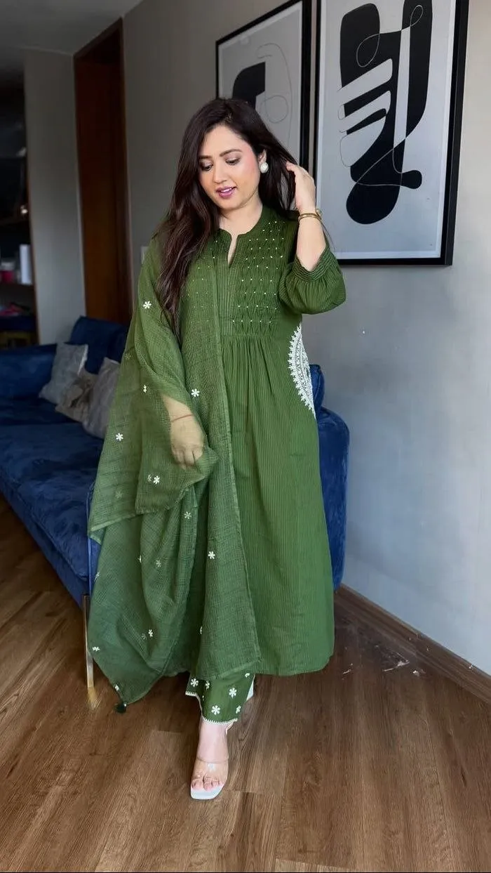 FFD Green Velly Cotton Hand Buti Work Festival Gown Collection