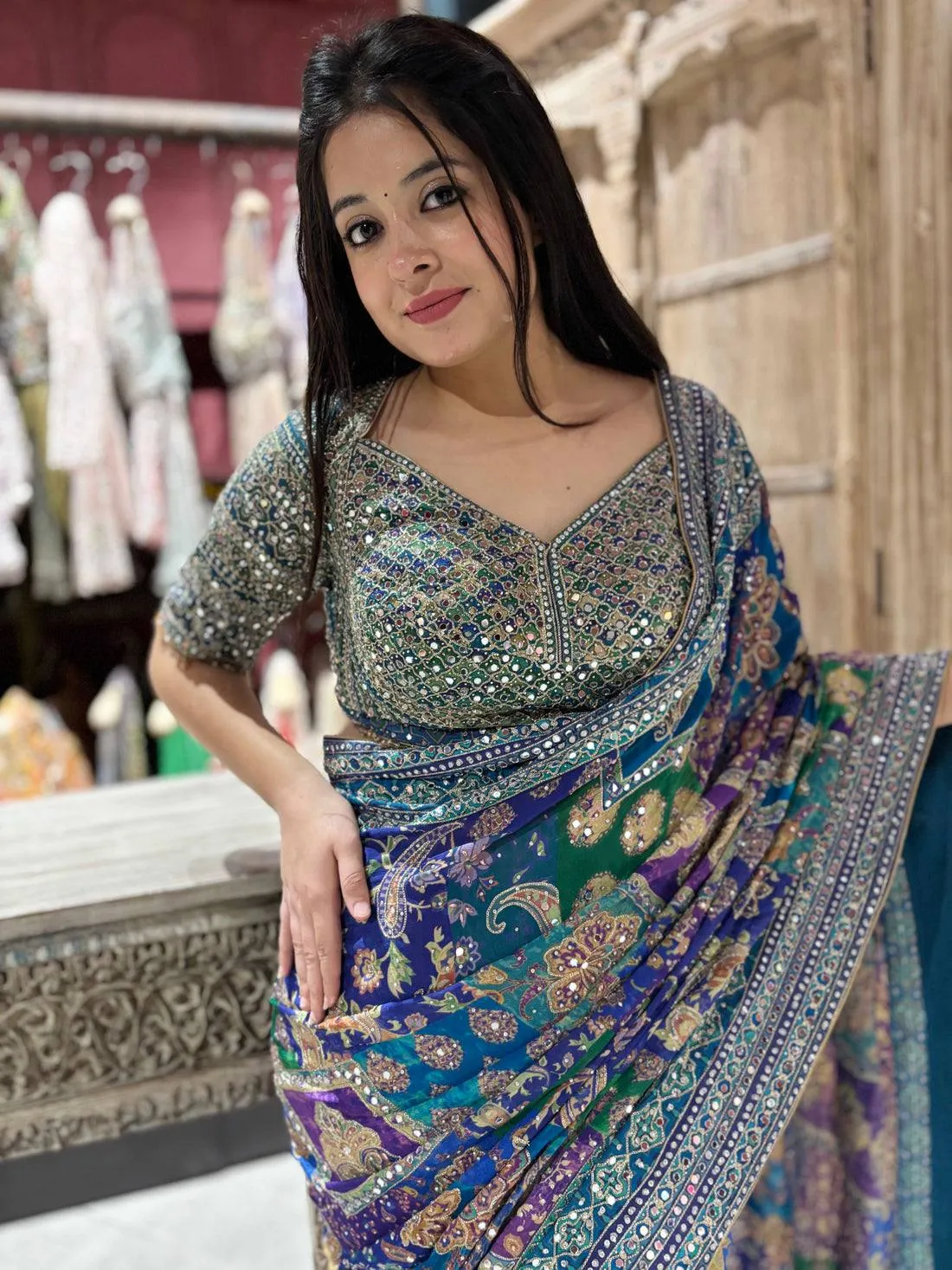 RBC Bluffy Chinon Silk Designer Kalamkari Printed Mirror Work Saree