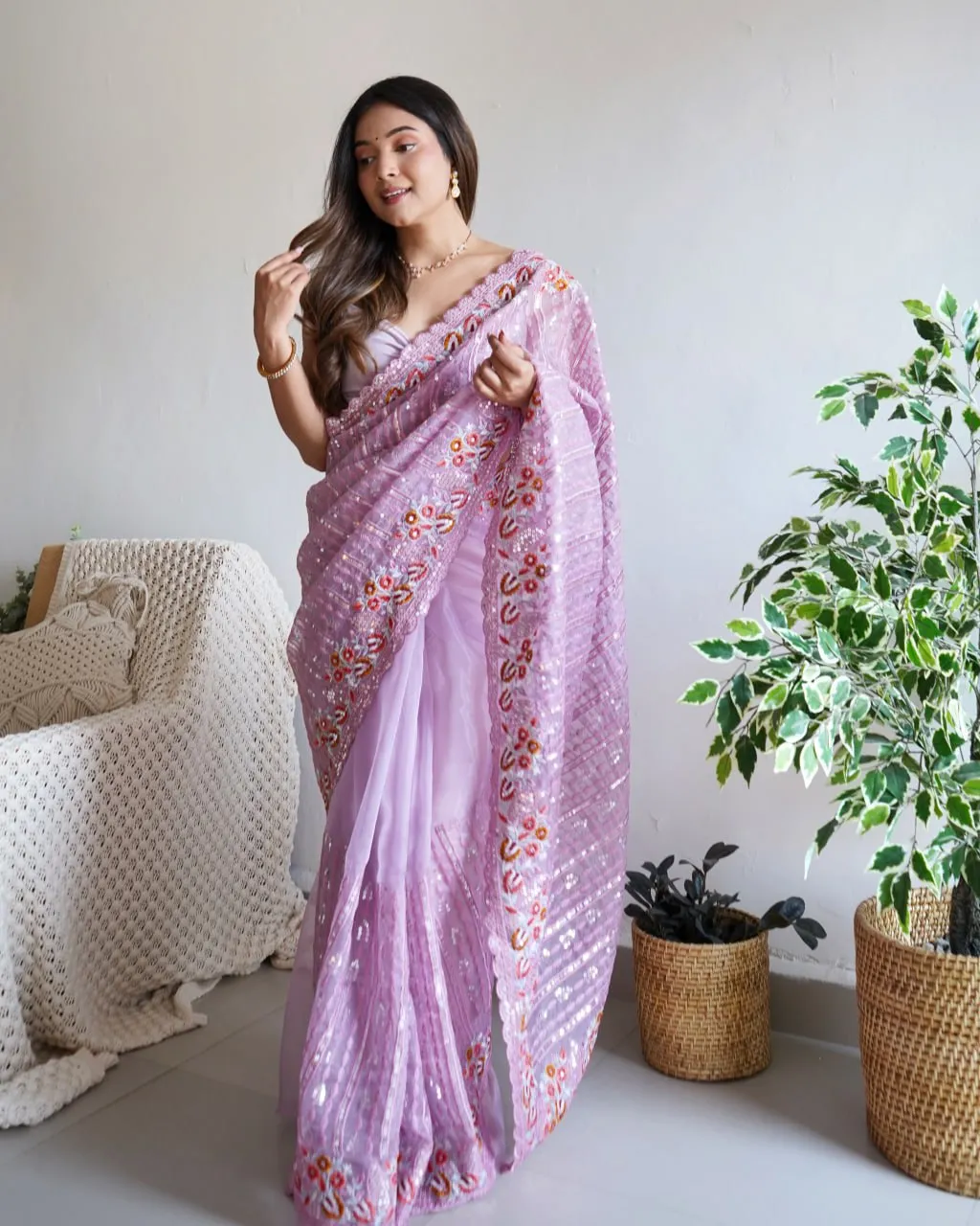 RBC 5014 Organza Silk Sequence Embroidery Work Party Wear Saree
