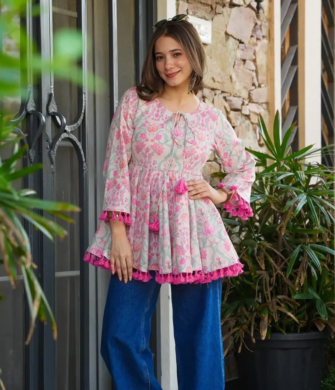FFD Rayon Slub Printed Pink Daily Wear Top Collection