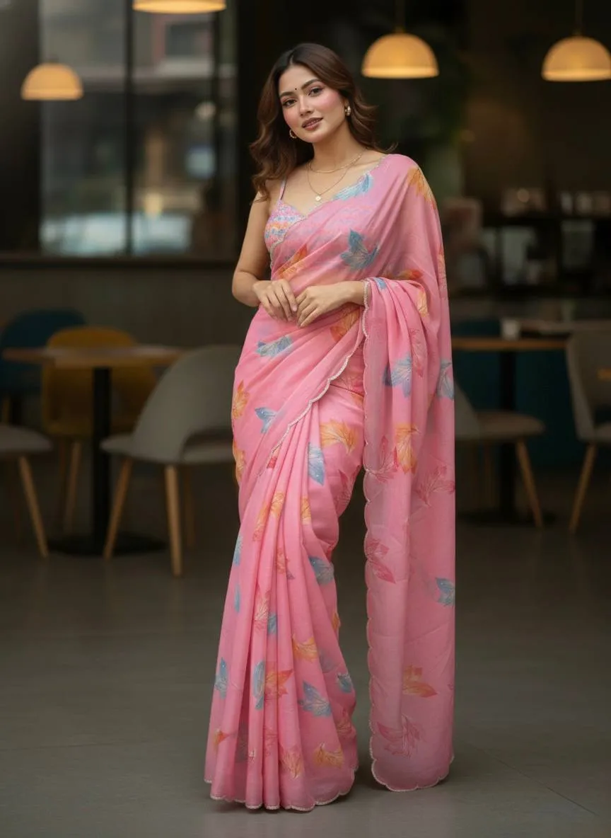 WMS Organza Flower Printed Party Wear Saree