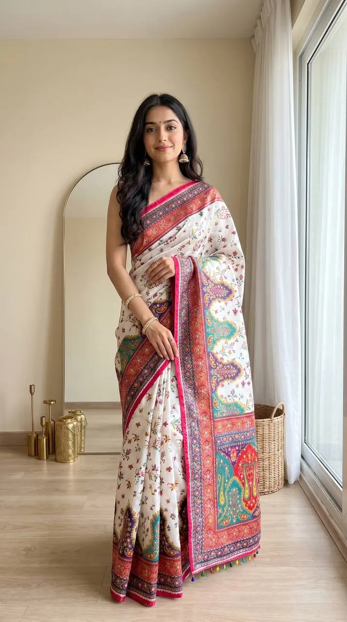 WMS Silk Creap Printed Mirror Work Durgapuja Saree