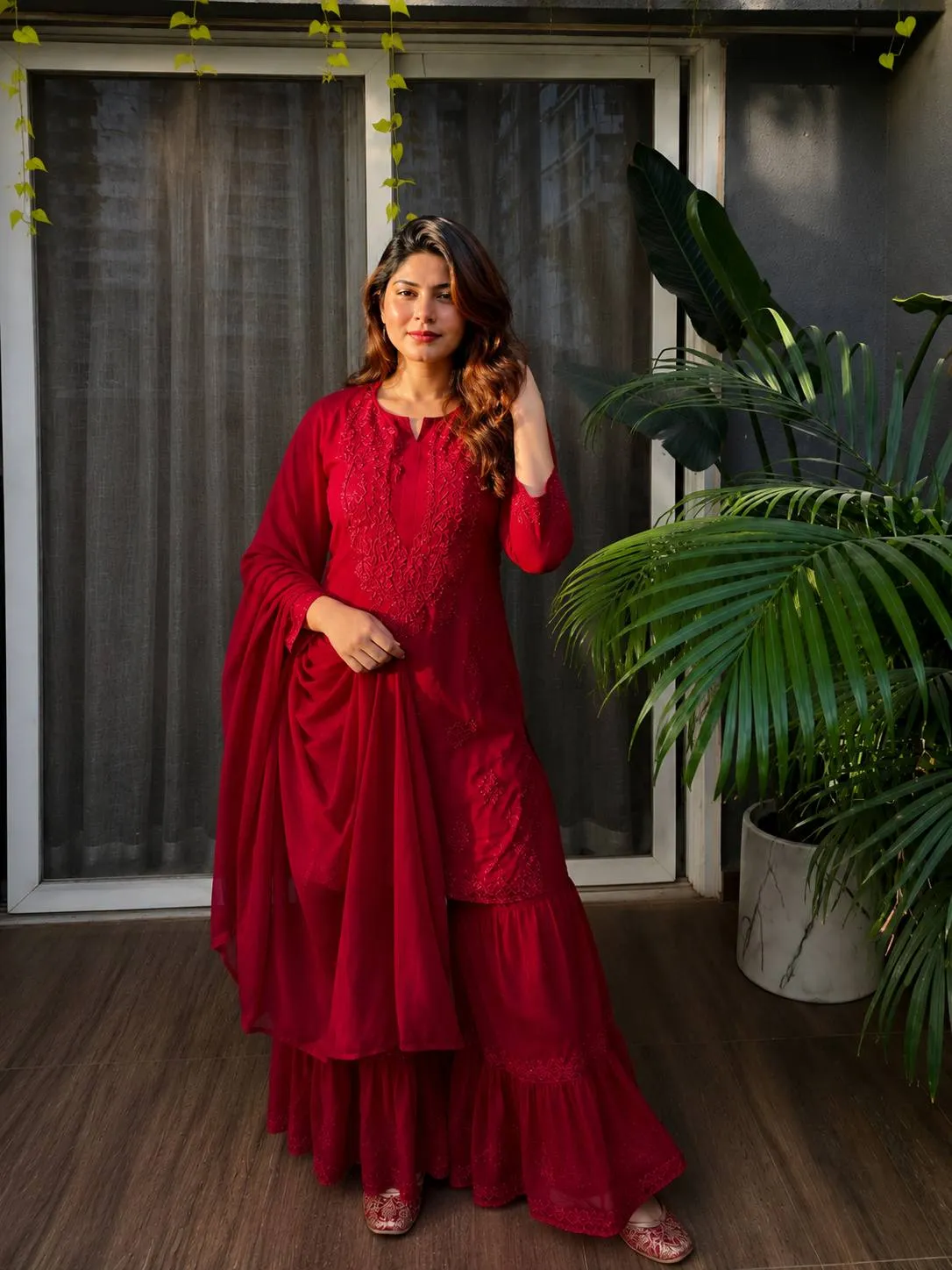C585 1476 Rayon Thread Embroidery Work Red Sharara Suit With Dupatta