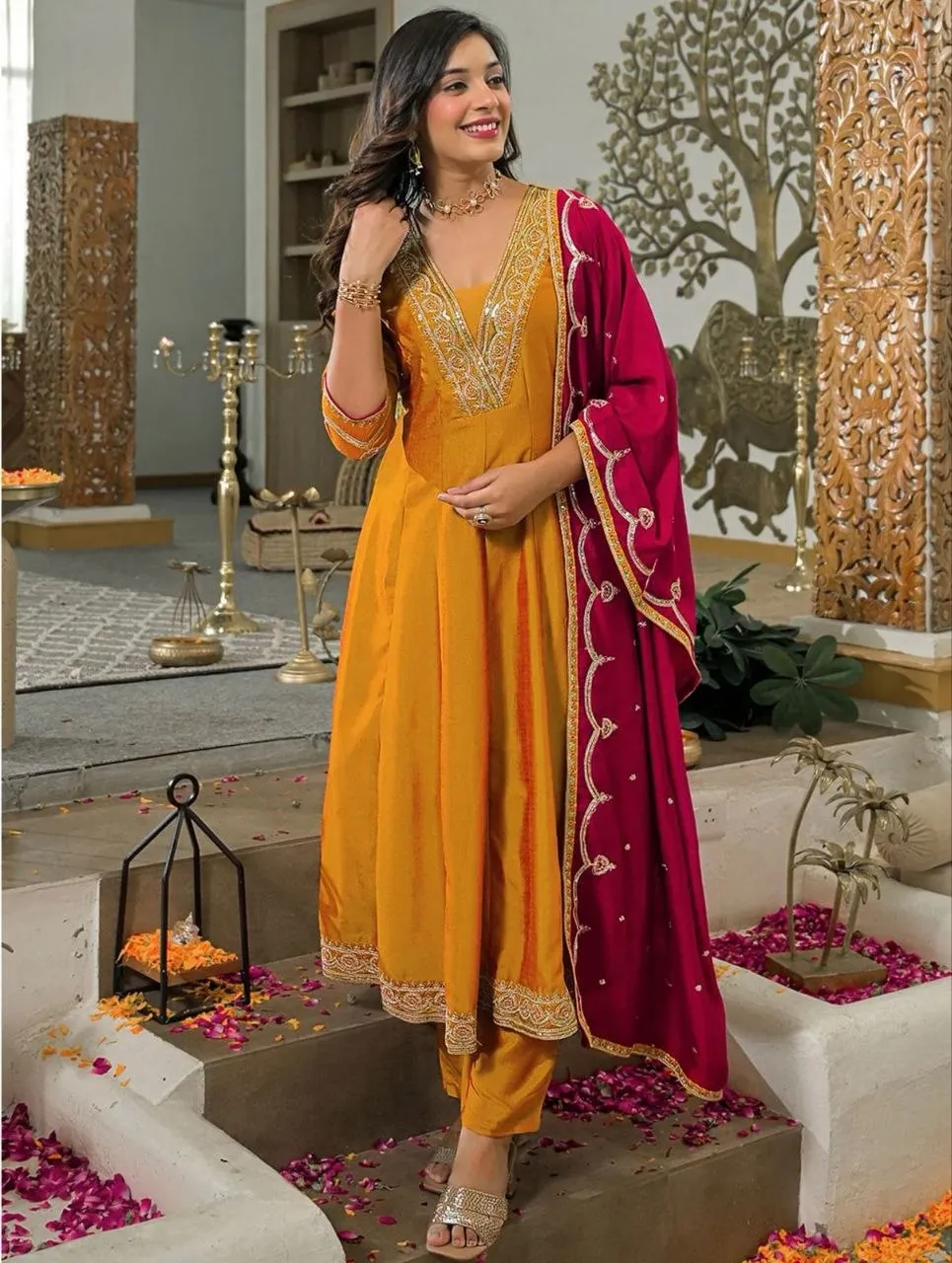 Beauty J 1023 Vichitra Silk Designer Embroidery Anarkali Gown Pant Dupatta
