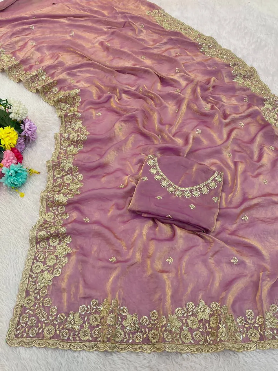 Stylish Kusum 818 Padmavati Fandy Satin Sequence Thread Work Saree 2026