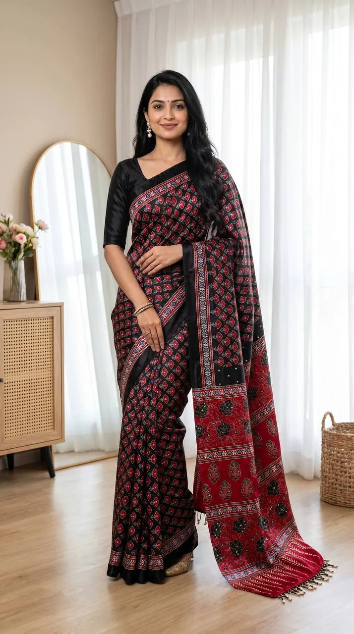WMS Satin Ajarakh Printed Mirror Work Durgapuja Saree