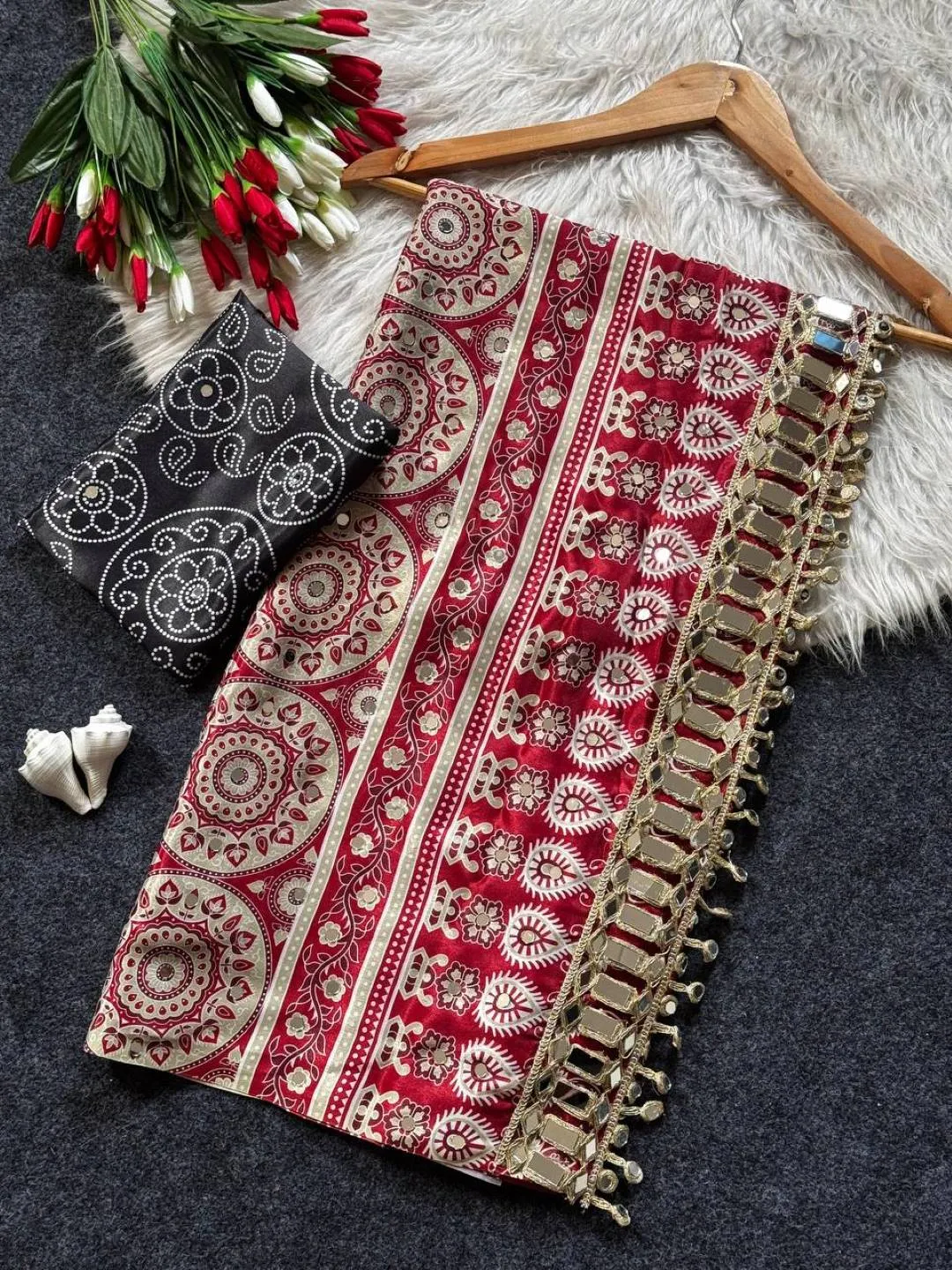 WMS Satin Silk Ajarakh Printed Mirror Work Trending Festival Saree