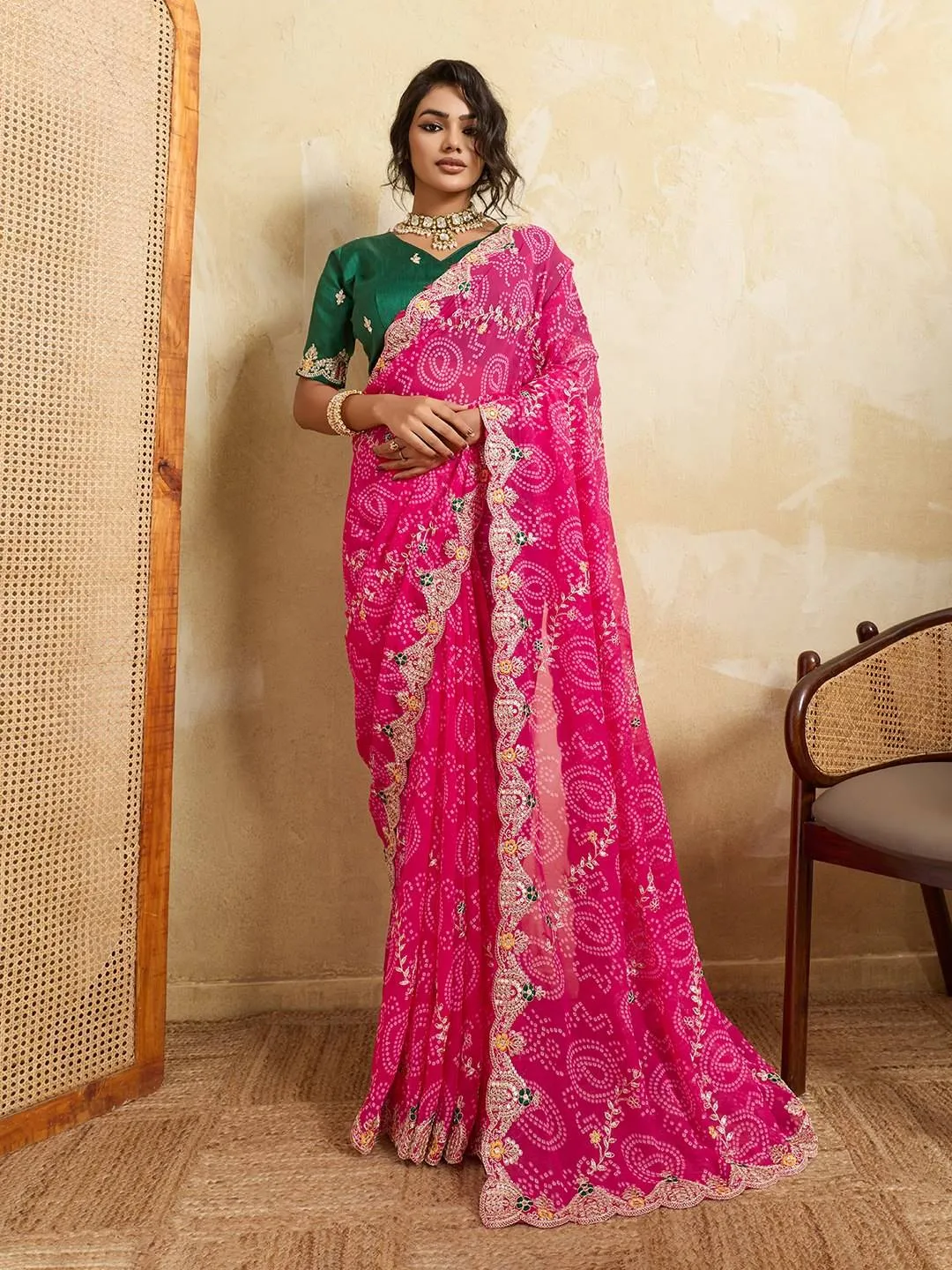 Kiara Nency Georgette Bandhej Printed Embroidery Festival Saree