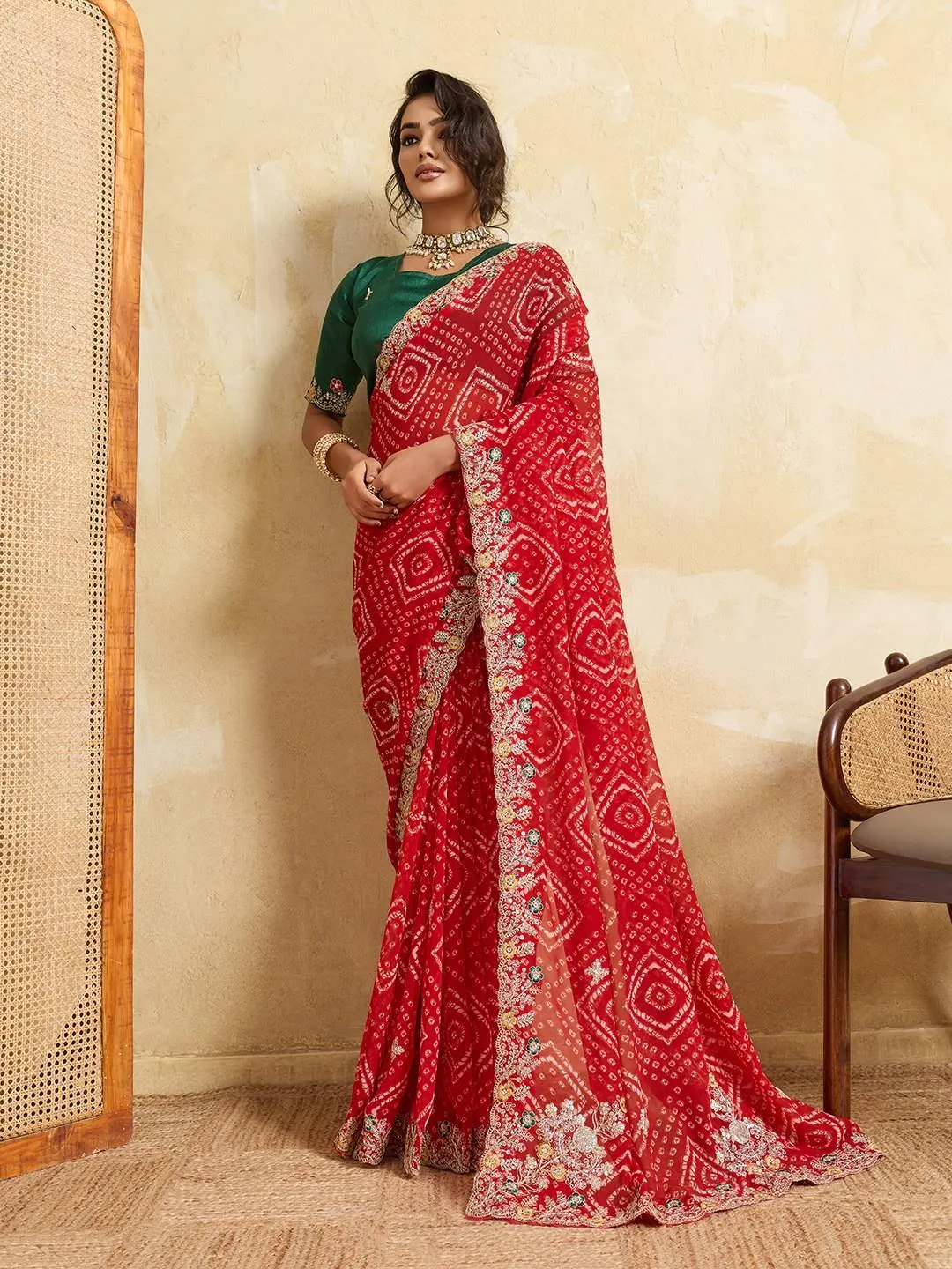 Kiara Mavita Georgette Bandhej Printed Embroidery Work Saree