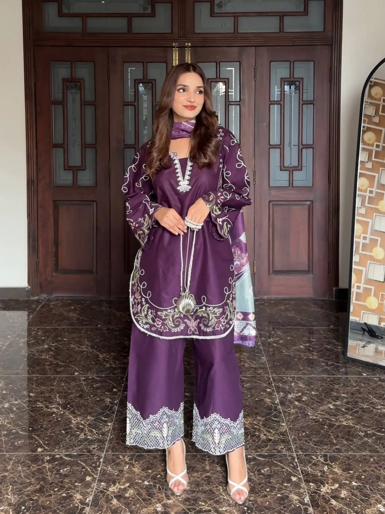 C585 1477 French Crepe Thread Embroidery Work Party Wear Kurti Palazzo Set