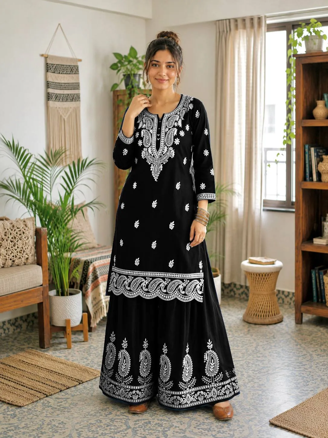 C585 1478 French Crepe Silk Thread Embroidery Sharara Suit For Woven