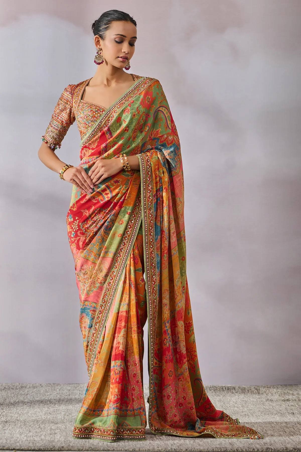 RBC Bluffy Chinon Silk Designer Kalamkari Printed Mirror Work Saree