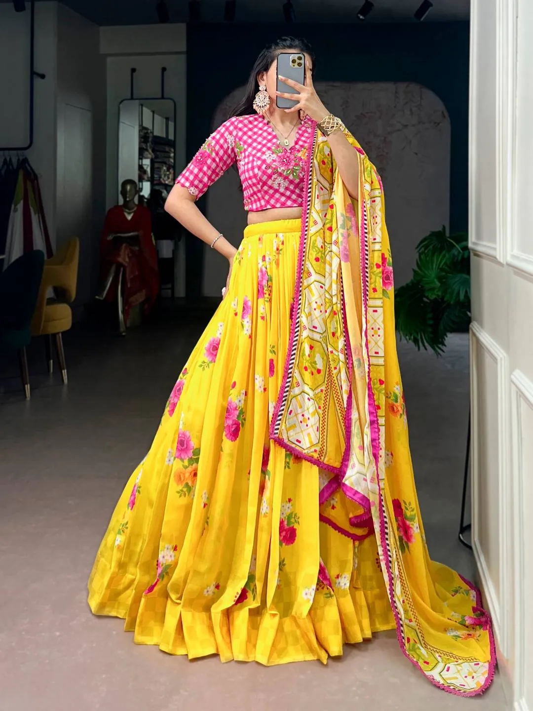 WMN 1023 Georgette Printed Festival Yellow Lehenga Choli
