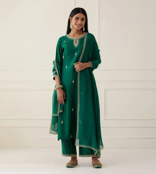 ATQ Roman Embroidery Work Forest Green Kurti Pant With Dupatta