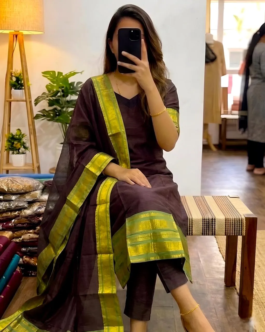 Vally Kanchi Cotton Zari Weaving Work Festival Kurti Pant With Dupatta