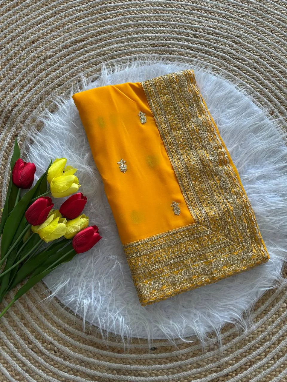MHV Rosy Embroidery Sequence Work Yellow Saree Collection