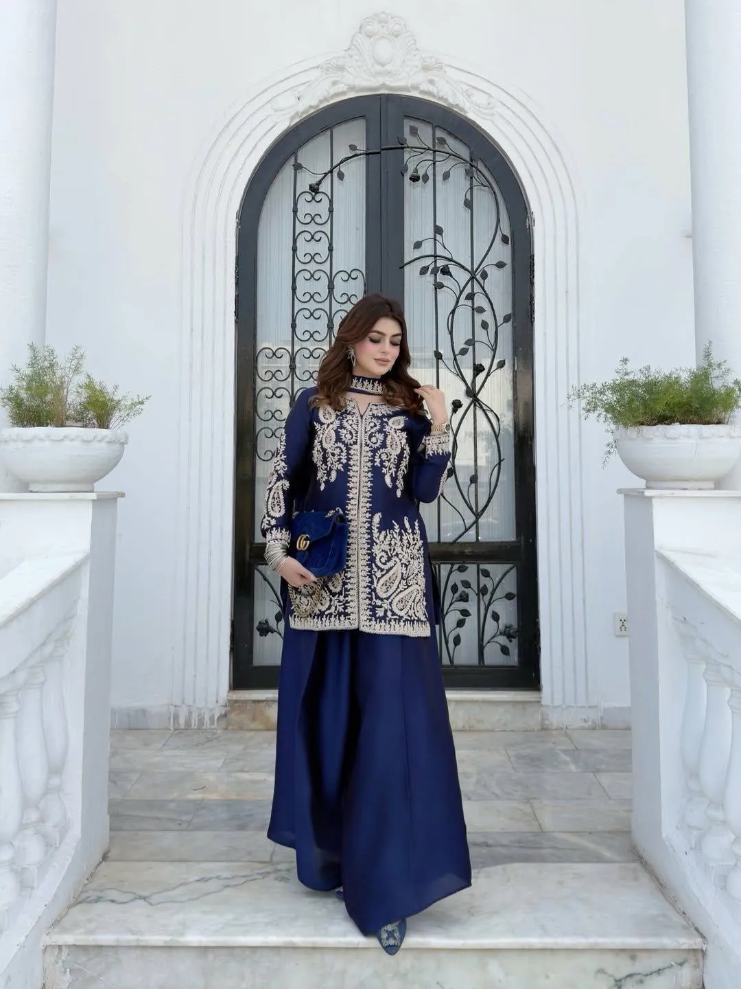 C585 1480 Rangoli Silk Thread Embroidery Work Wedding Wear Kurti Palazzo Set