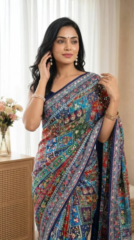 Buy WMS Ultra Silk Crepe Printed Mirror Work Festival Saree 2026