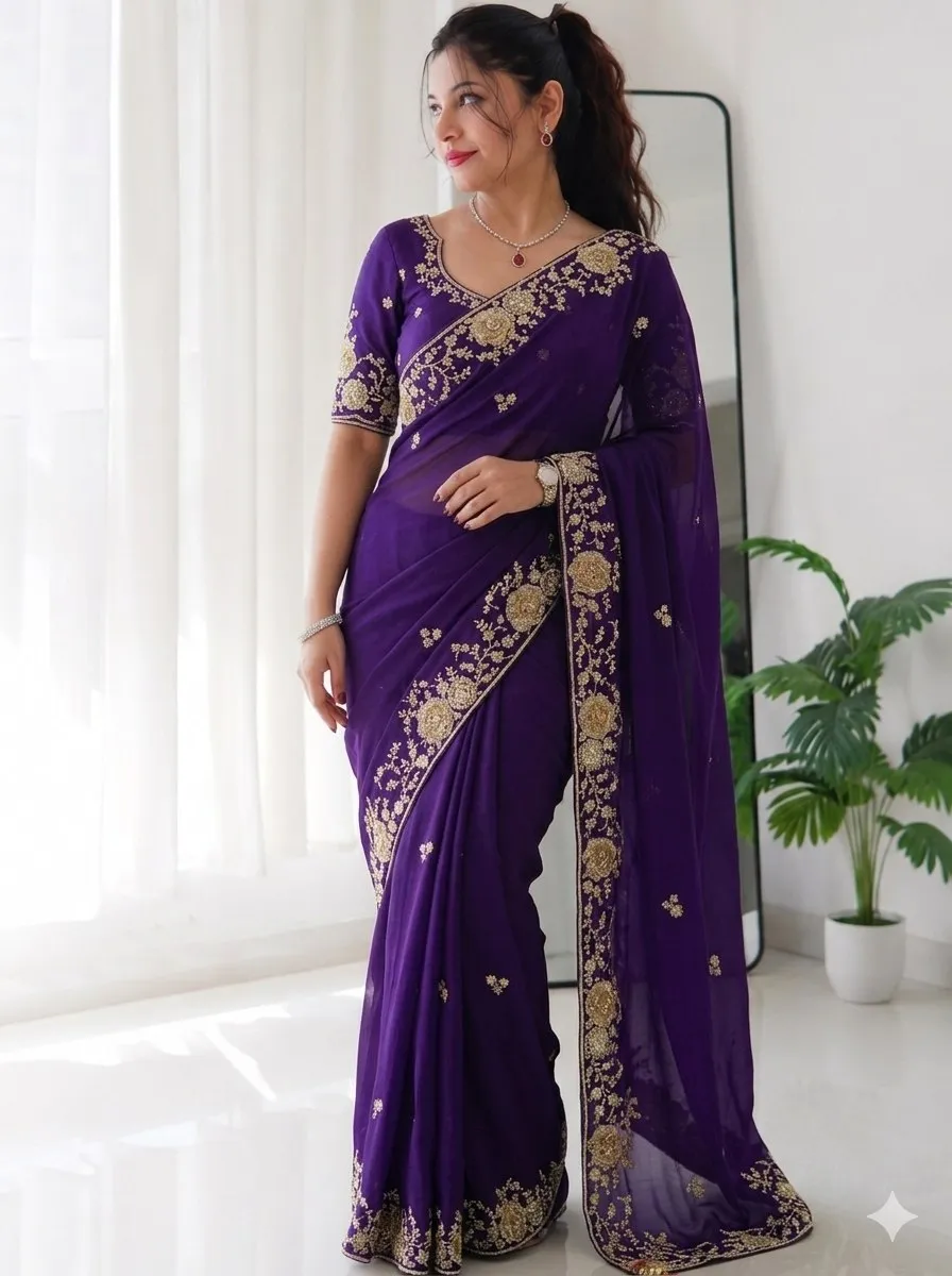 Kiara Shukla1 Purple Rangoli Silk Embroidery Work Party Wear Saree