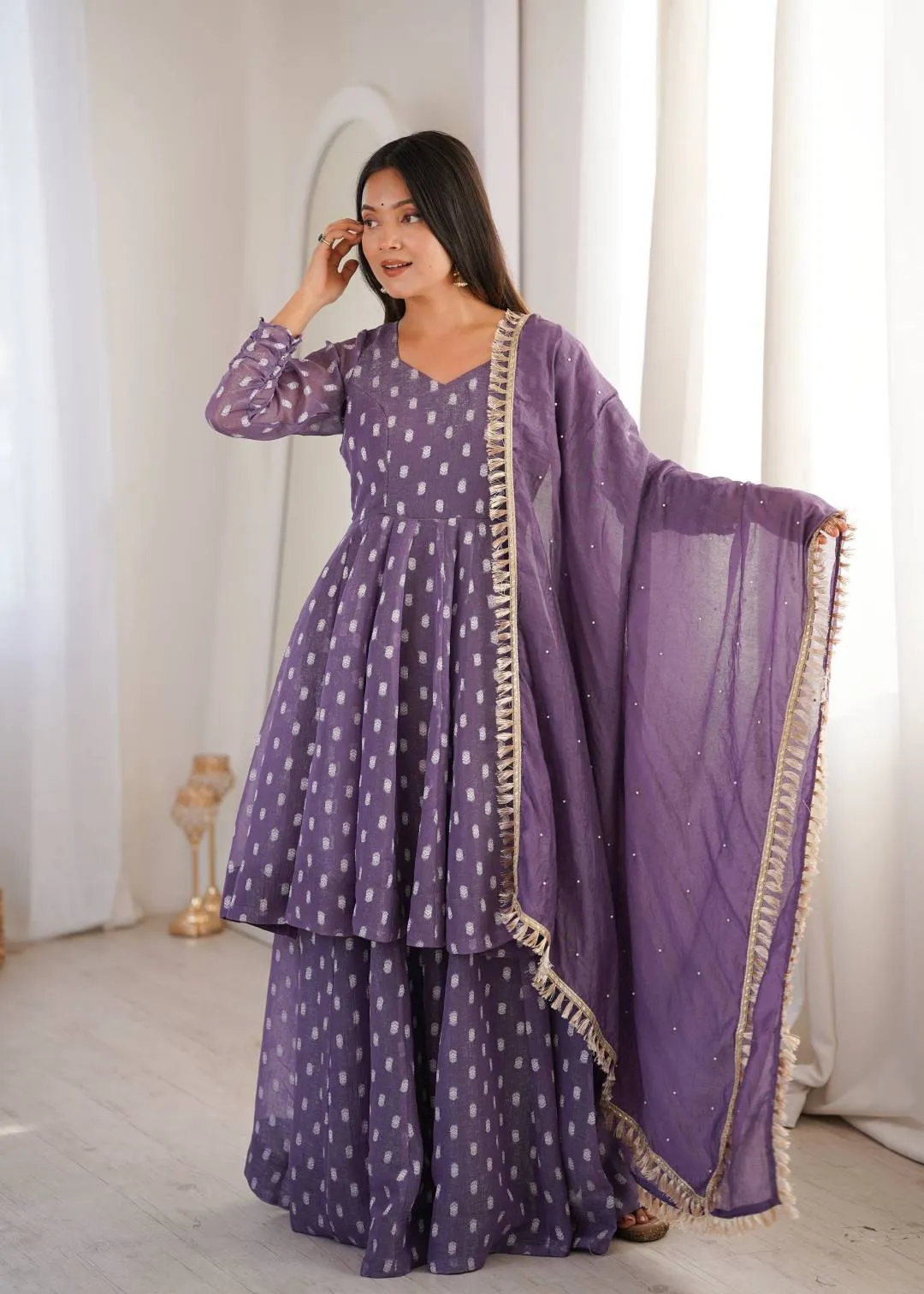 Sabina 5022 Crunchy Silk Jacquard Butti Work Party Wear Top Sharara